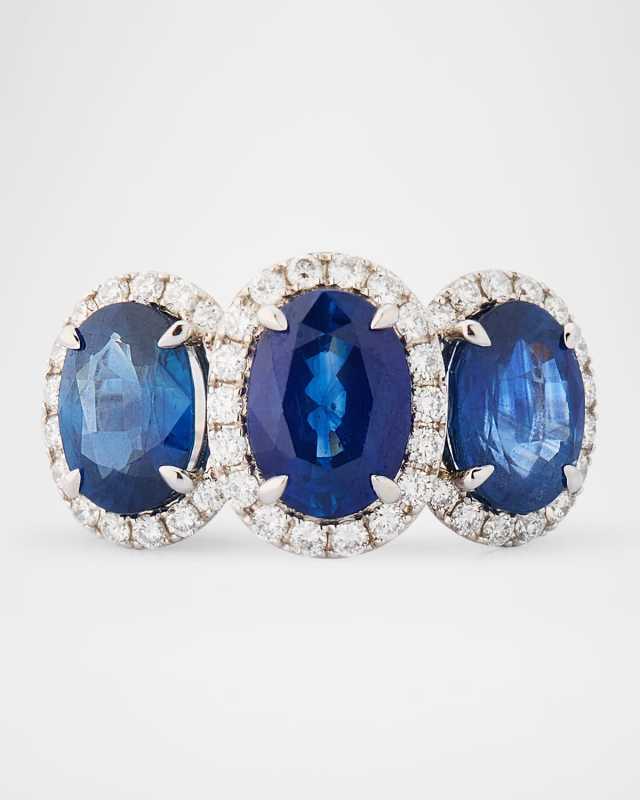 18K White Gold 3-Stone Blue Sapphire and Diamond Ring, Size